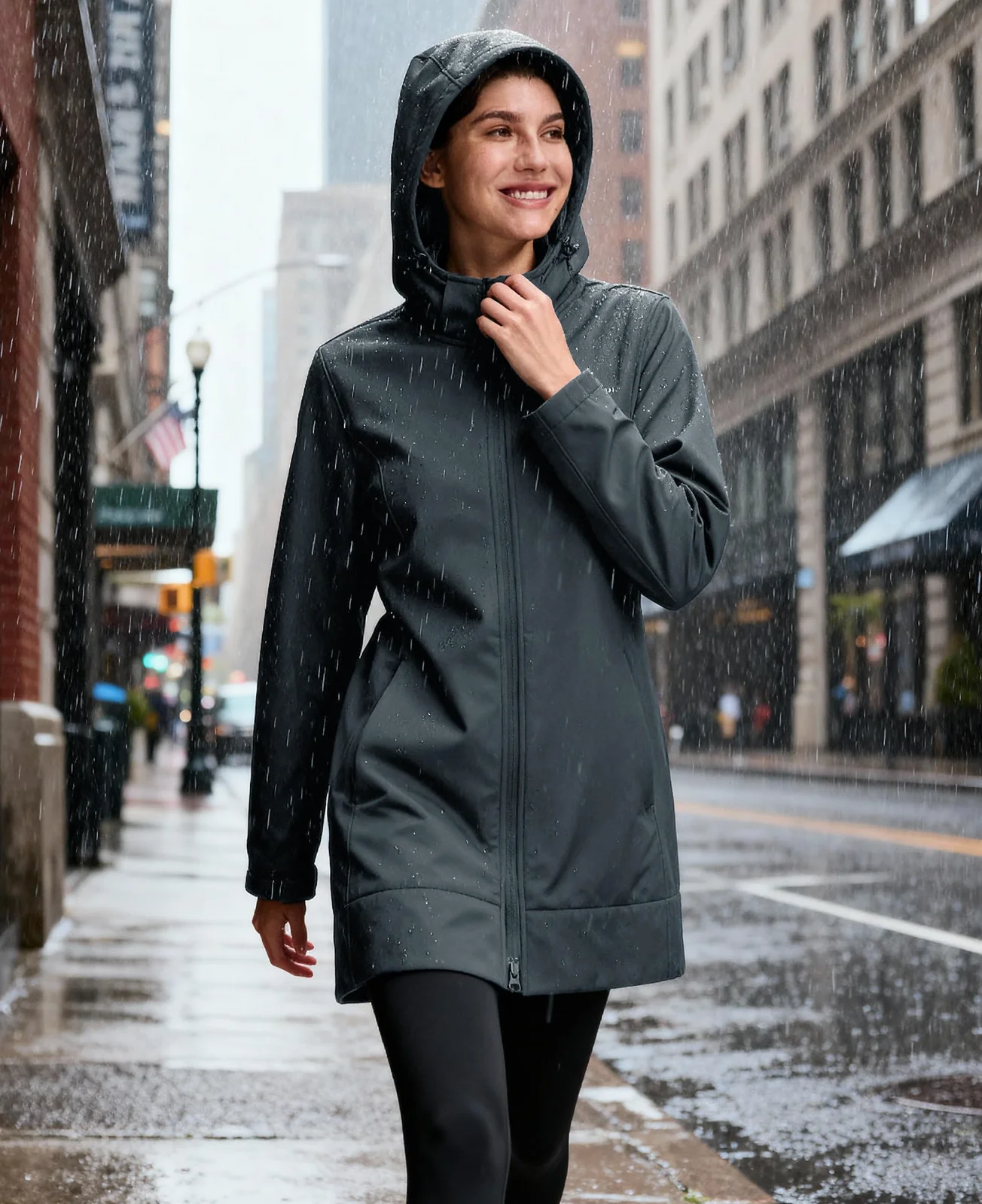 A woman walking a wet city street in a long hooded rain shell, hood up, traffic and shopfronts blurred behind her